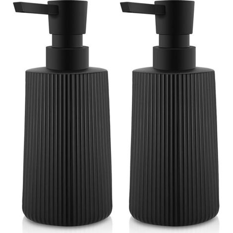 Dispensador de jabón de vidrio, 380 ml, diseño acanalado con bomba, ideal para cocina y baño, negro, juego de 2 - Crezuo (1/4)