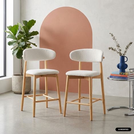 Lot de 2 tabourets de bar en bois d'hévéa et tissu bouclette - Paola Naturel / Crème