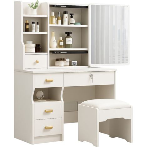 TRADE SHOP - Toeletta Da Trucco Con Specchio Scorrevole Cassetti Ripiani Portaoggetti Sgabello Imbottito - (1/5)