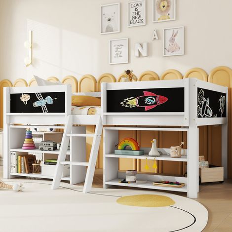 Bett Halbhohes Bett Aufbewahrung 90x200 Kiefer Weiß OKMYHOME (1/5)