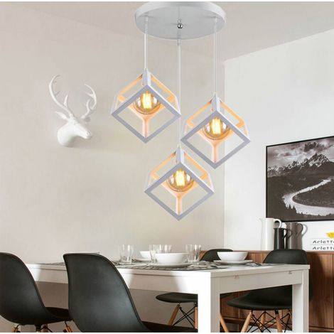 Lustre Suspension LED 3 Lampe Cube Carré en Métal Luminaire Design Industrielle Eclairage Plafond Lumiaire Salon Cuisine Couloir Blanc (1/5)