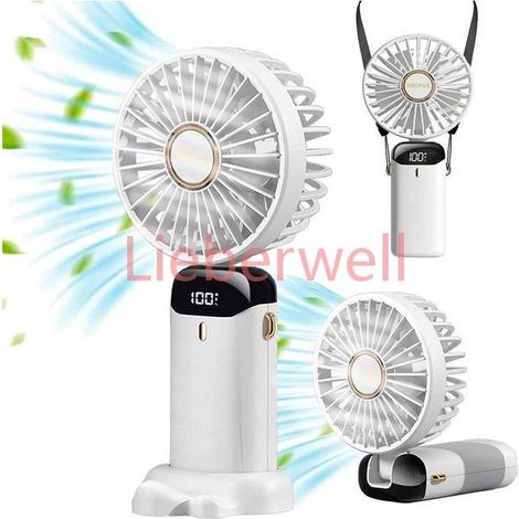 90° Adjustable, Mini Portable Fan, 5 Speeds, Ideal for Home, Office or Travel, White, Phone Stand, Dual Battery (1/5)