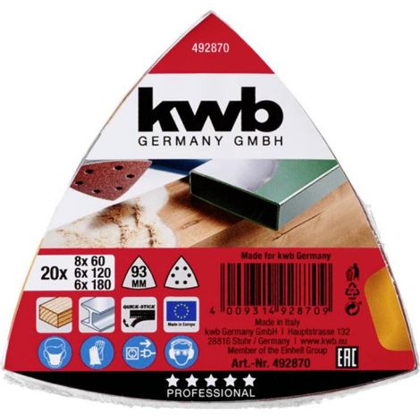 Juego de 20 triángulos abrasivos KWB - 93 mm - Grano 60 -120-180
