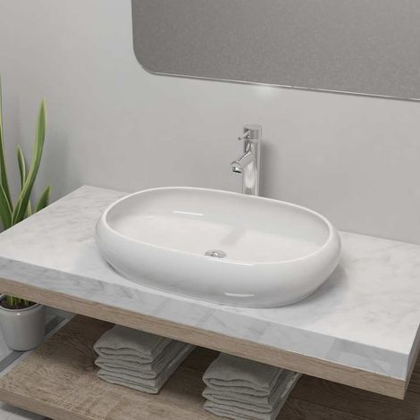 Lavabo de salle de bains avec mitigeur, en céramique, ovale, blanc