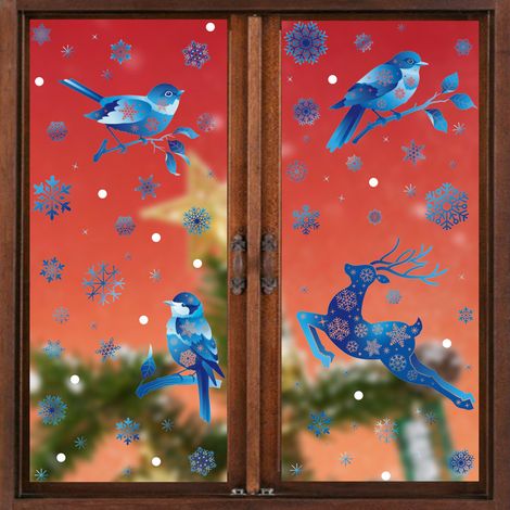 Autocollants de Noël rennes bleus, décorations de fenêtre cerfs sous un ciel étoilé et flocons de neige, autocollants statiques dégradés pour sapin de Noël, décorations de fenêtre fraîches.