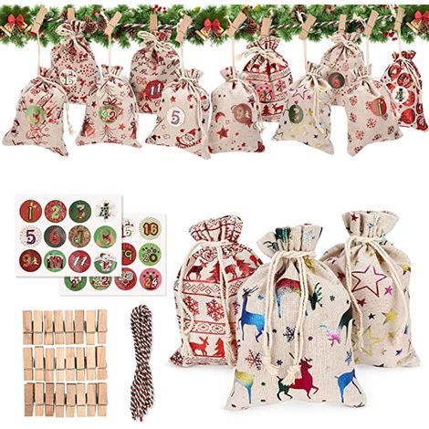 24 Sachets, Calendrier de l'Avent, Toile de jute, Guirlande rouge, Décoration cheminée (1/5)