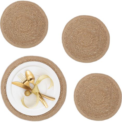 Relaxdays 4 Salvamanteles, para Mesa de Comedor, Jacinto de Agua, Manteles Individuales, Redondos, 37 cm Ø, Natural