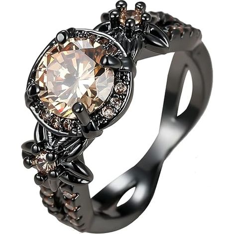 Bague noire pour femme et fille, bague vintage rétro gothique en or noir 14 carats, bague en topaze champagne avec fleur, bijou victorien antique, tailles 5 à 10 (1/4)