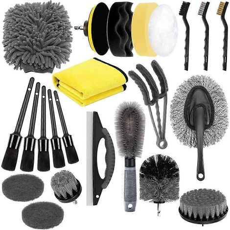 Kit de nettoyage auto 23 pièces : brosses de détail, sac de lavage, serviette, brosse pour pneus et outils de nettoyage de précision. (1/5)