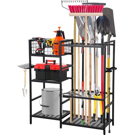 Rack de rangement 3 niveaux en acier robuste avec paniers – 35 emplacements pour outils longs – Idéal pour garage, atelier et cabanon – 31 pouces (1/5)