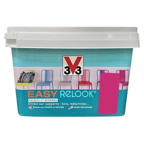 V33 – Vernis Easy Relook rose samba 0,5 L – Finition satinée pour bois vernis et stratifiés – Application directe sur tous supports (1/3)