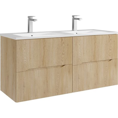 Mobile bagno sospeso scanalato con lavabo da incasso e rubinetto Noce chiaro 120 cm - ORISO