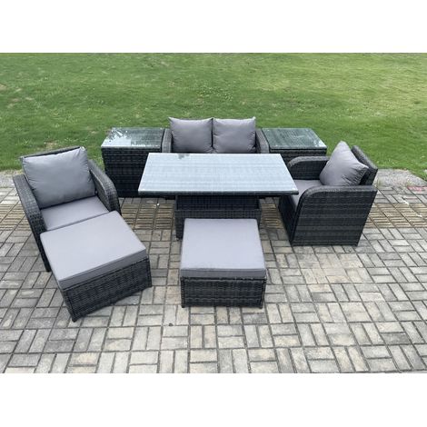 Fimous Rotin Meubles Jardin Salle À Manger En Plein Air Patio Hauteur Réglable LiftingTable Amour Canapé Chaise Ensemble avec 2 Tabourets De Table D’appoint (1/5)
