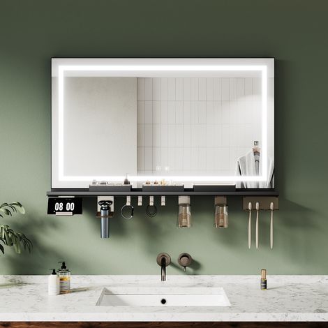 ELEGANT Modern Bathroom LED Mirrors with Anti-Fog Black Storage Shelf and Dimmable 3-Color Lighting, 1000x600mm