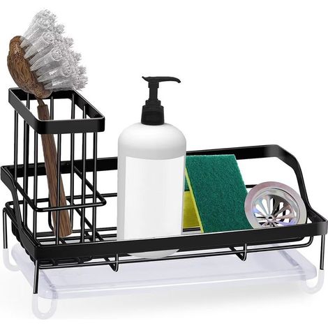 Rangement pour évier de cuisine avec porte-éponge et porte-brosse à cheveux, en acier inoxydable noir - Étagère et rangement de douche RWE (1/5)