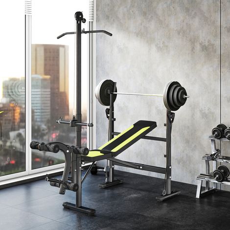 HOMCOM Hantelbank, Komplettes Fitness-Trainingsset, Verstellbare Rückenlehne, Zugseile, Curl-Stange, Hantel- und Kurzhantelhalter, Schwarz und Gelb