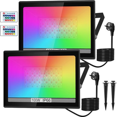 2 Projecteur, Spot LED RGB 100W, Étanche IP66, Aluminium, Télécommande, Jardin, Fête