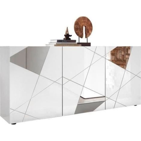 Buffet VICTORY 3 Portes Blanc Laqué brillant avec serigraphie miroir L181 Cm (1/5)