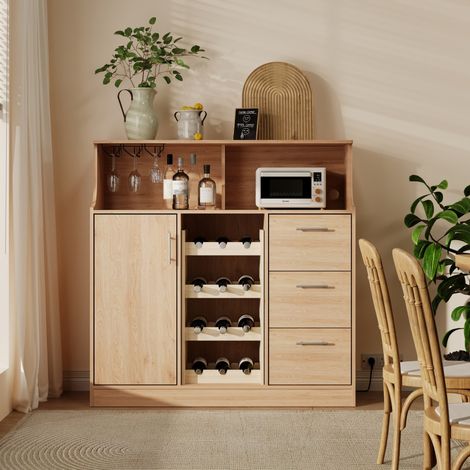 Buffet de Cuisine 120x40x121cm - avec LED Prises Porte-Verres et Casier à Vin - Rangement Multi-niveaux - Naturel et Blanc (1/5)