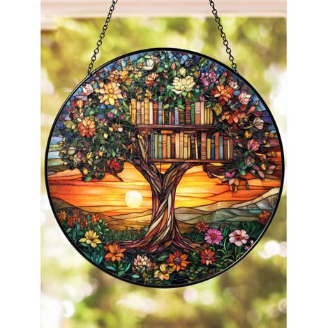 Attrape-soleil vitrail livre et fleurs 9 cm, décoration fenêtre lecture