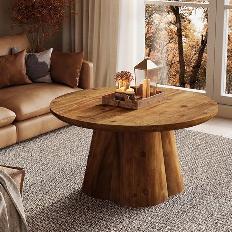 Tribesigns Solid Wood Coffee Table, 31.5" Round Coffee Tables with Fluted Drum Base, Farmhouse Accent Center Table for Living Room Apartment Small Space, Easy Assembly, Rustic Brown