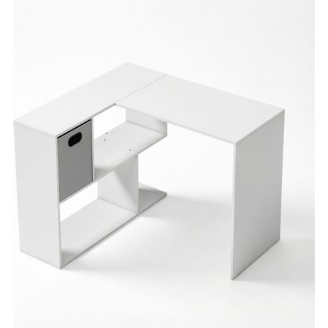 Escritorio esquinero en L blanco con cajón de tela y estantes abiertos (1/5)