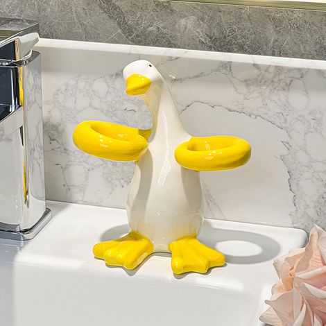 Porte-brosses à dents double en forme de canard, porte-brosses à dents électriques et porte-dentifrice, adapté aux plans de travail sous lavabo. (1/5)