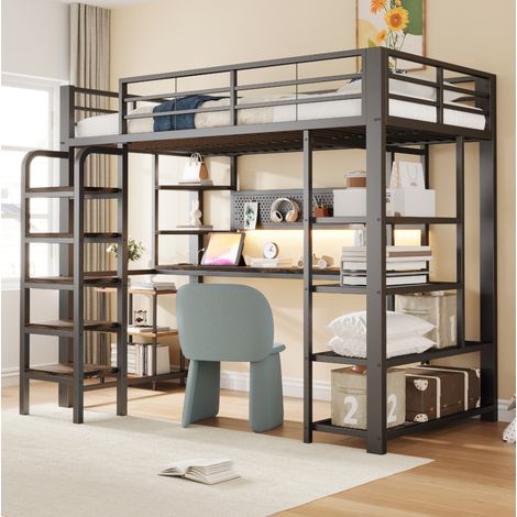 Letto a soppalco 90x200 con scrivania e LED OKMYHOME (1/5)