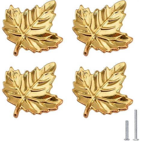 Schubladengriffe aus goldfarbener Zinklegierung mit Ahornblattmuster (4er-Set) inklusive Schrauben, Möbelbeschläge und Küchen-/Schrankdekoration. (1/5)