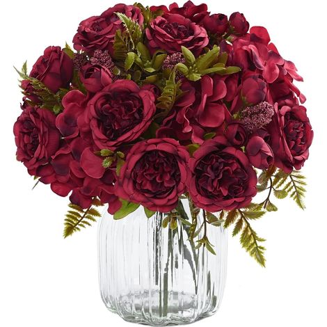 Lot de 4 pivoines artificielles, pivoines artificielles bordeaux, pivoines en soie, fausses pivoines, bouquet de pivoines pour Halloween C-AquaForge (1/5)