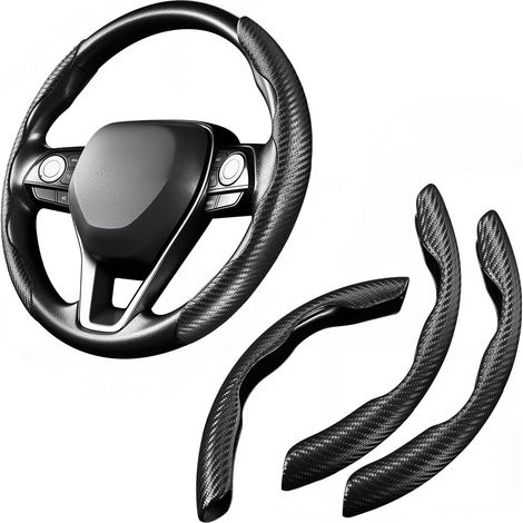 Protezione per volante segmentata in pelle e fibra di carbonio, coprivolante per auto in 3 pezzi, alla moda, antiscivolo, confortevole, universale, traspirante (nero) (1/5)