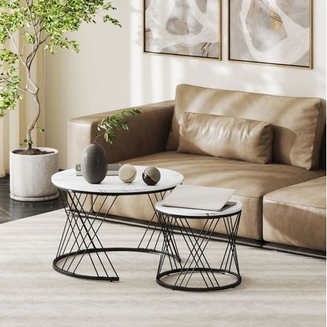 Lot de 2 tables basses rondes effet marbre, bois et métal, gigognes, blanches, OKWISH (1/5)