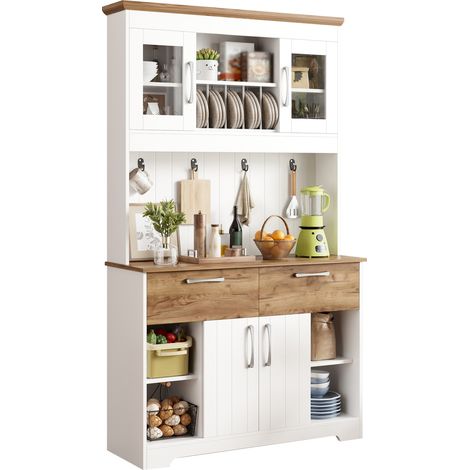Buffet de cuisine grand rangement, 2 tiroirs, vitrines en verre, porte-crochets et meuble de rangement pour salle à manger et entrée - CHICFURN (1/5)