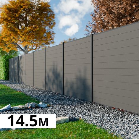Kit Clôture Bois Composite Platine 14,5x1,8m RIO - Poteaux en Aluminium Gris - Brise Vue - Palissade
