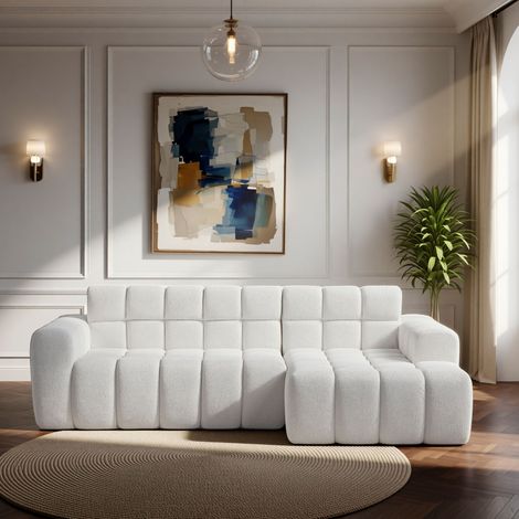 Canapé d'angle en L compressé avec chaise longue, sans montage, 250x125x60 cm, canapé pour appartement, tissu blanc