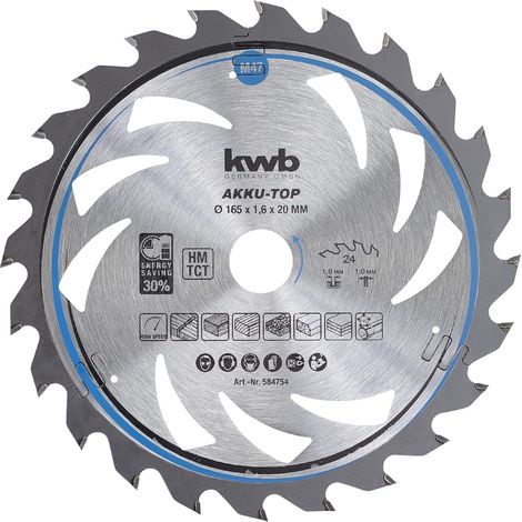 kwb Kreissägeblatt 165 x 20 mm, leichtgängig, speziell für Akkumaschinen, Sägeblatt geeignet für Weich- und Hartholz, Tischlerplatten und Spanplatten (1/5)