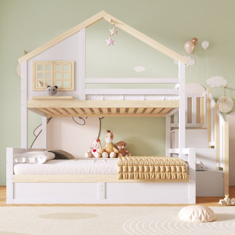 Lit superposé 90x200 et 140x200 cm blanc/naturel avec rangement hydraulique, escalier de rangement, design cabane avec fenêtre