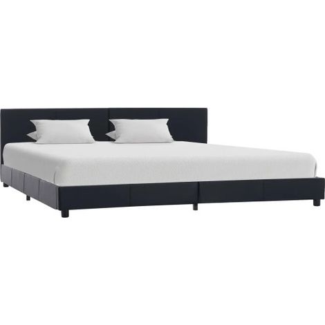 Lit adulte simili cuir noir et pieds bois massif noir Nyam 160x200 cm (1/5)