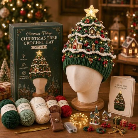 Bonnet de Noël lumineux au crochet, idéal pour les débutants - Style village vintage
