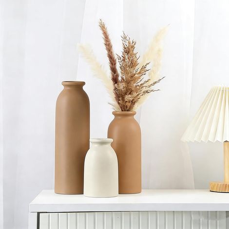 Lot de 3 vases en céramique,Vase Decoration Maison Vase Céramique de Style Nordique,Décoration Salon de Style Minimaliste bohémien Moderne pour Lesalon,Table,étagère,entrée (Beige Brun) (1/5)