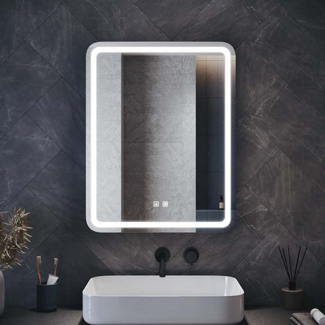 ELEGANT Bathroom LED Rounded Corners Mirror Cabinet with Built-in Tissue Storage Area, Dimmable LED Illumiated, Anti-Fog, Shaver Socket, Urban Beige, 550x700x150mm (1/5)