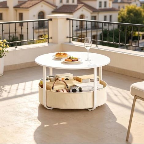 Tavolino rotondo Ø 80 x H 50 cm con cestello contenitore beige e bianco HAVRYA (1/5)