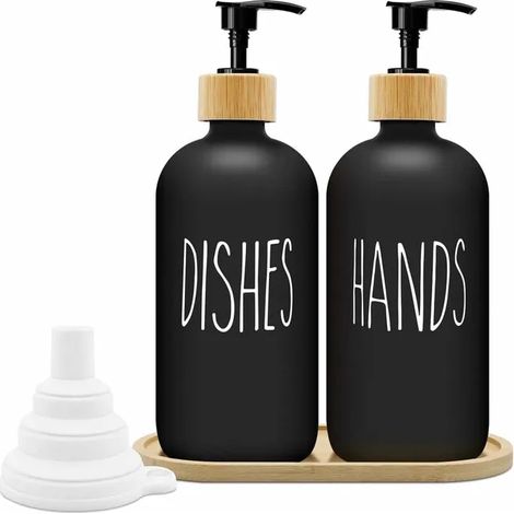 Set mit 2 Flüssigseifenspendern, 500 ml, mattschwarzes Glas mit Ablage, nachfüllbare Pumpe für Küche und Bad, elegant (1/5)