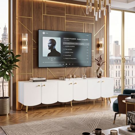 Creahappy Meuble TV 180 cm avec 6 Portes - Enfilade Basse Rangement Salon et Chambre - Style Moderne Pieds et Poignées Dorés - Blanc (1/5)