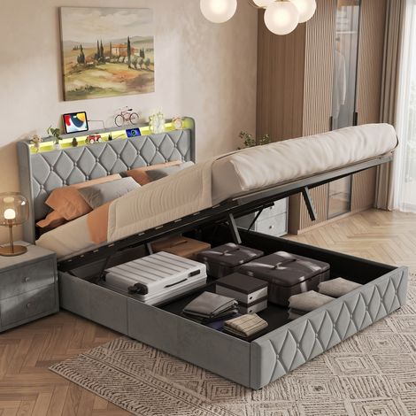 Superaly Lit hydraulique double 160 x 200 cm, Tête de lit rembourrée en velours, Éclairage LED, Port USB, Finition matelassée, Sommier à lattes, Pour adulte et adolescent, Gris foncé (1/5)
