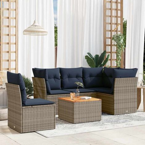Salon de jardin 6 pièces avec rangement, résine tressée grise, coussins bleu marine, 50.93kg - PANGIVO (1/5)