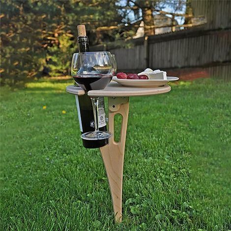 Tragbarer Weintisch für draußen – Klappbarer runder Tisch – Picknicktisch aus Holz – Für Picknicks im Freien – Für Parkwiesen – Mit Weinglashalter – 45 cm Durchmesser (1/4)