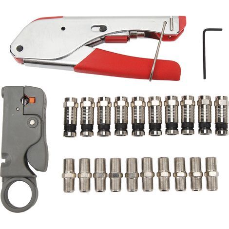 Coax Cable Crimper Tool Kit Coaxial Compression Set with 1 Stripper 10 Set F Type RG6 Connectors Adapters (1/5)