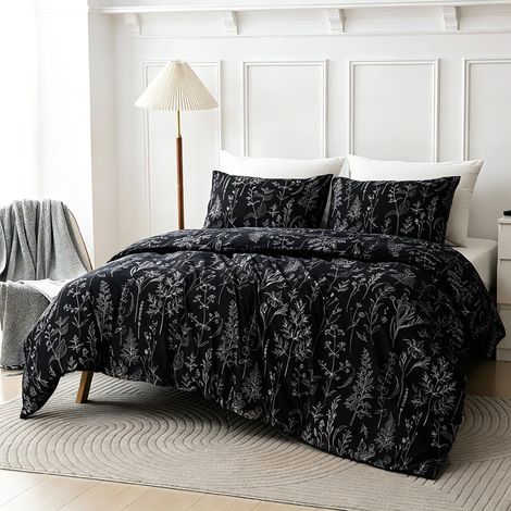Parure de lit 2 pièces motif floral 135 x 200 cm Noir Design moderne Housse de couette En microfibre douce pour la peau avec fermeture éclair et 1 taie d'oreiller (1/5)
