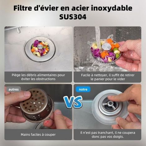 Bouchon d'évier cuisine - - Inox - Anti-blocage - Prévention des odeurs - Filtre intégré - Profondeur 22 mm (1/4)